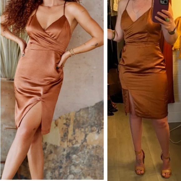❤️ Lulus Hot Night Out Bronze Satin Surplice Faux-Wrap Dress - Picture 2 of 6